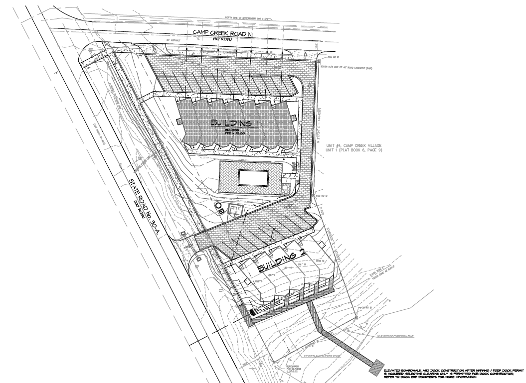 Camp Creek Townhomes site plan showing Building 1 and Building 2 layout